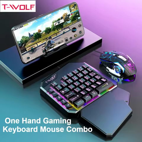 T-WOLF One-Handed Gaming Keyboard Mouse Combo Converter Gaming Controller for Mobile PUBG FPS Game A