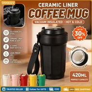 B1T1 420ml Ceramic Liner Stainless Steel Coffee Mug with Lid, Vacuum Insulated Hot Cold Tumbler