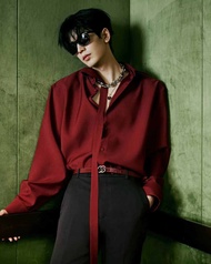 เสื้อเชิ้ตผู้ชายแขนยาวผ้าไหมน้ำแข็งสีแดงเข้ม ZHANG LINGHE ฤดูร้อน ผ้าใบไหมน้ำแข็ง ชุดกี่เพ้าสัมผัสเน