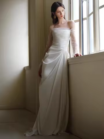 White Satin Evening Dr Wedding Dr Bridal Gown Long Sve Floor Length Faionable mid Waist for Engageme