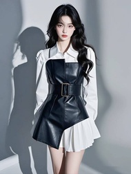 Phụ nữ váy da đen nối váy cá tính