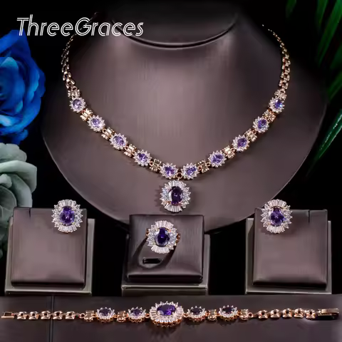 ThreeGraces Dubai Gold Color Purple Oval Austrian Crystal 4 Piece Luxury Wedding Engagement Jewelry 