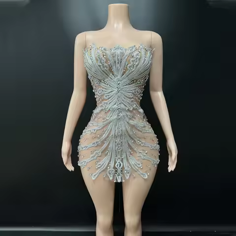 Women Luxury Silver Rhinestones Embroidery Mesh Bodycon Mini Fake 2 Pieces Dress Celebrity Evening C
