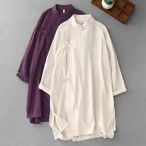 Retro Chinese Style Pure Color Cotton Linen Top Long Sleeve Loose Fit Tea Zen Clothes Button Design 