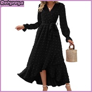 Long Sleeve Maxi Dress for Women V Neck Dot Design Boho Wrap Dress Casual Flowy Slit Wedding Guest D