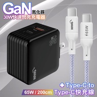 HANG 30W雙孔 氮化鎵GaN快充USB+Type-C 超快充電器-黑+65W高密編織Type-C to Type-C快充充電線2米-紫線