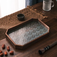 Vintage Begonia Flower Glass Tray Solid Wood Glass Walnut Color Storage Tray Rectangular Tea Tray Fr