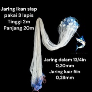 Ready-to-use 3-layer fishing net with high lead weights 20m long, 13 inner net, 4in 0.20mm, 5in 0.28