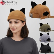 CHEEKOY Melon Docker Cap, Cute Cat Ears Hip Hop Brimless Hat, Unique Solid Color Rolled Cuff Adjusta