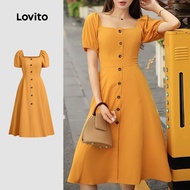 Lovito Casual Dress Button Structure Line Spring/Summer Yellow Dress for Women L134ED866
