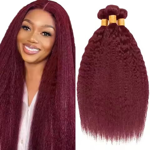 99J Burgundy Kinky Straight Human Hair Bundles 12A Unprocessed Brazilian Remy 100% Human Hair Extens