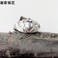Xiejia Silversmith 999 Pure Silver Toad Silver Toad Men Women Ring 999 Sterling Silver Handmade Open