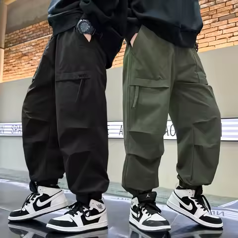 Hot Sale Kids Brief Style Tapered Cargo Pants for Teens Boy Casual Trackpants Tweens Child Green Bla