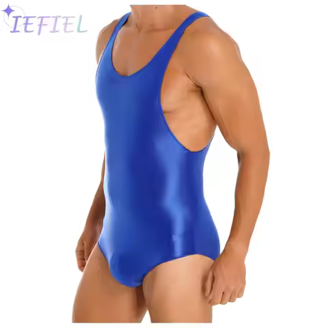 Mens Glossy Stretchy Leotard Sleeveless Skinny Bodybuilding Jumpsuit Wrestling Singlet Swimwear Spor