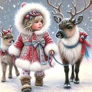 1pc Girl & Reindeer 5D Diamond Painting Kit, Christmas Theme[30*30cm/11.8*11.8in][40*40cm/15.7*15.7i