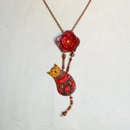 Brown Cat Red Rose, Enamel Necklace, Cat With Rose, Cat Necklace, Rose Necklace