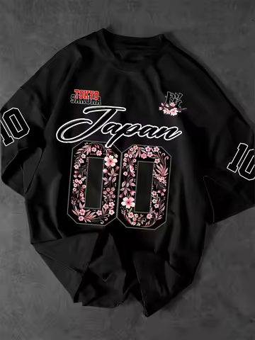 Men's Japanese Sakura 00 Print T-Shirt Tokyo Cherry Blossom Streetwear Short Sleeve Tee