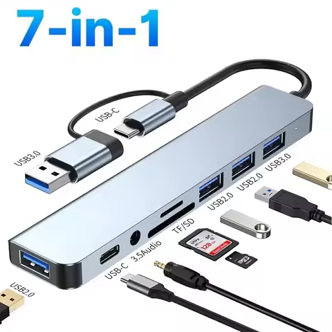 7 In 1 USB 3.0 HUB Type C USB-A Hub Splitter 7 Port USB3.0 With USB-C High Speed Data Transfer Adapt