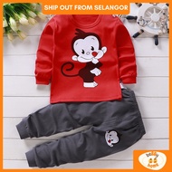 Red long-sleeve top with monkey print and gray pants with monkey sleeping suits