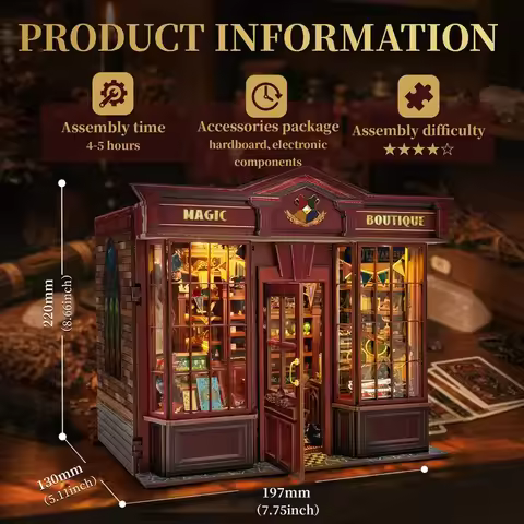 DIY Wooden Magic Boutique House 3D Wooden Puzzle Retro Bookstore Dollhouse with LED Light,Stylish de