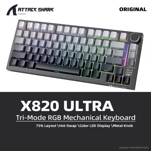 75% ATTACK SHARK X820 Ultra Mechanical Keyboard Wireless for Gaming,Tri-Mode RGB with Screen & Knob,