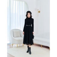 Long-sleeved wool dress with puffy chiffon skirt and Orchid belt - BD12X555