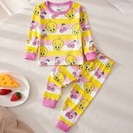 Baby Girl Cartoon Tweety Bird & Cherry Print Cute Sweet Graphic Long Sleeve T-Shirt And Leggings Paj