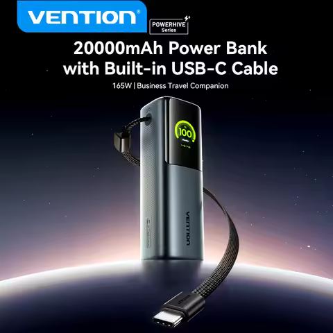 Vention 20000mAh 165W Max Power Bank PD3.0 Fast Charger with Built-in USB-C Cable External Battery P