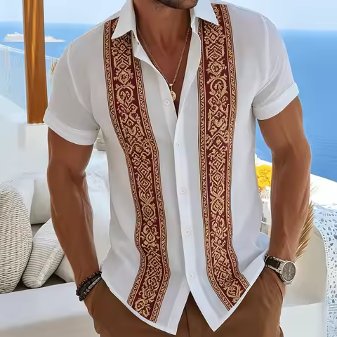2026 New Men's Ethnic Geometric Printed Shirt, White Bohemian Style Summer Casual Short Sleeved Shir