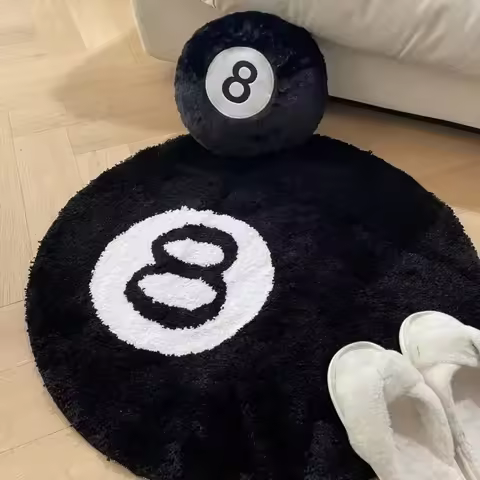 Black Billiards 8 Ball Round Flocked Floor Bedroom Anti-Slip Carpet Mat Living Plush Soft Bedroom Ru