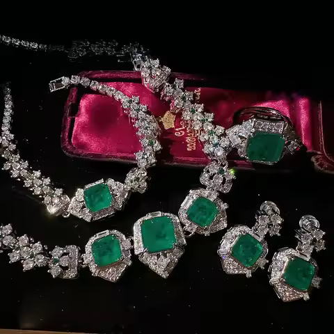 2023 Women Colombian caviar emerald necklace plated 18K gold pala peacock green ear of wheat zircon 