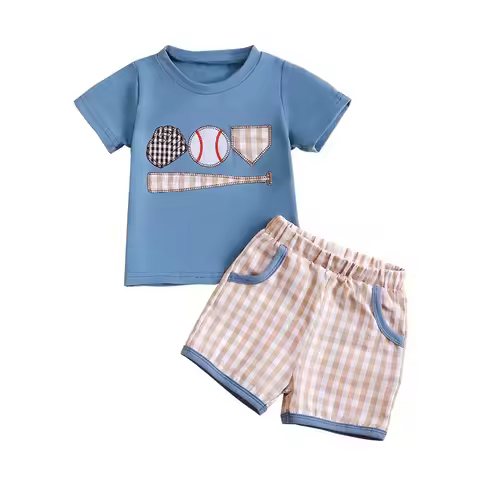 Baseball Toddler Baby Boy Girl Clothes Baseball Bat Embroidery Short Sleeve T Shirt Plaid Shorts Set
