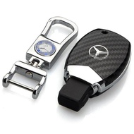 (bochang) Fashion Print Carbon Fiber Remote Car Key Fob Cover Shell Case Holder Keychain Chain Ring for Mercedes Benz W203 W204 W212 CLK C180 E200 AMG C E S Class CLS CLA