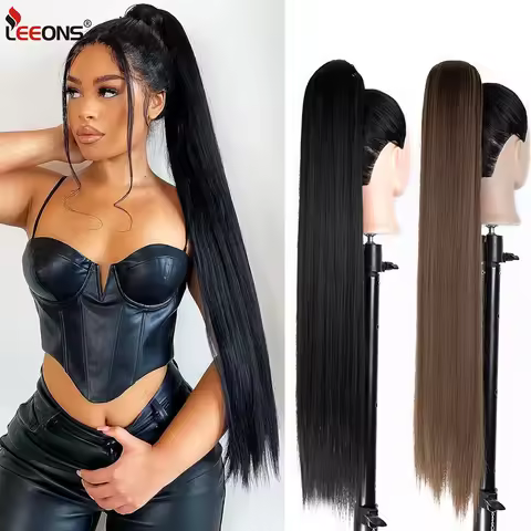 Leeons 33inch 85Cm Ponytail Extension Wrap Around Long Straight Clip in Pony Tail Hair Synthetic Hai