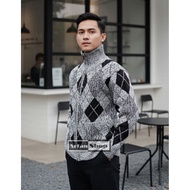 Men's Thick High Collar Zipper Knit Jacket Argyle Pattern Unisex Knit Zipper Sweater
