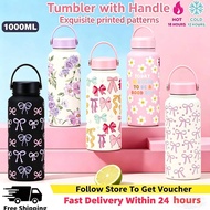 PARTYZO Vacuum Bottle, 1000ML Portable Aquaflask Tumbler, Creative Printed Design Printed Bow And Fl