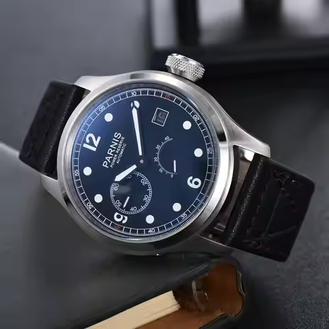 46mm parnis Black Dial Date Power reserve leather ST 2530 automatic movement mens watch