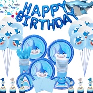 Blue Ocean Shark Themed Party Disposable Fork and Spoon Cutlery Set Plate Baby Shower Decor Happy Birthday Balloon Cake Topper
