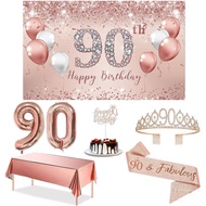 Trgowaul 90th Birthday Decorations Party Set for Women, Rose Gold 90 Birthday Banner and Tablecloth,