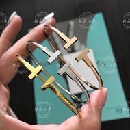 Poetry House ️ Real Shot s935 Sterling Silver Thick Plated Gold Layer Double T Elastic Ring Bracelet