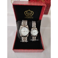 PROKING Couple Watch Quartz Analog Silver Stainless Steel With Diamond Dial & Date Jam Tangan Couple