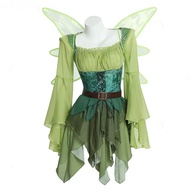 Medieval Elf Fantasy Dress Green Fairy Gown with Wings Halloween Cosplay Costume Enchanted Forest Ou