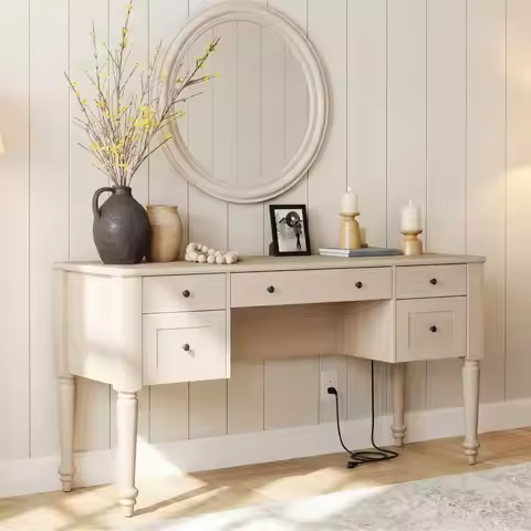 56" Spacious Vanity Desk with 5 Drawers, Home Office Desk with Charging Station, No Mirror, Makeup V