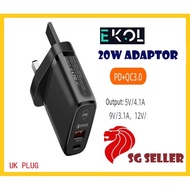 EKOL 20W Power Adaptor  * USB Type A and Type C Dual Connection  * Safe Fast Charging