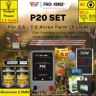 PRO FENCE P20 Energizer 2.0MM Set for 0.5 - 7.0 Acres Aluminium Wire Solar Panel Electric Fence Set 
