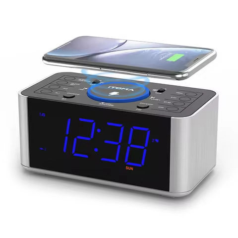 iTOMA 206 Alarm Clock Radio, 5W Wireless Charging, Bluetooth, Dual Alarm, 1.4" LED Display, Dimmer, 