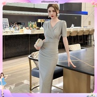 French V-neck slim fit sexy hip warp short-sleeved dress  30167
