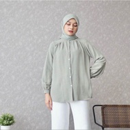 Alina Blouse Crinkle Kemeja Polos Wanita Lengan Panjang kerah Sanghai