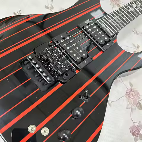 US Warehouse Bullhead A7X Style Electric Guitar Black Red Stripes Solid Body Double Locking Tremolo