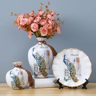 Set of 3 peacock ceramic vases for living room decoration (with flowers included)